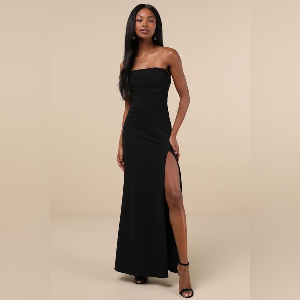 Lulus Spellbinding Allure Black Bustier Strapless Mermaid Maxi Dress